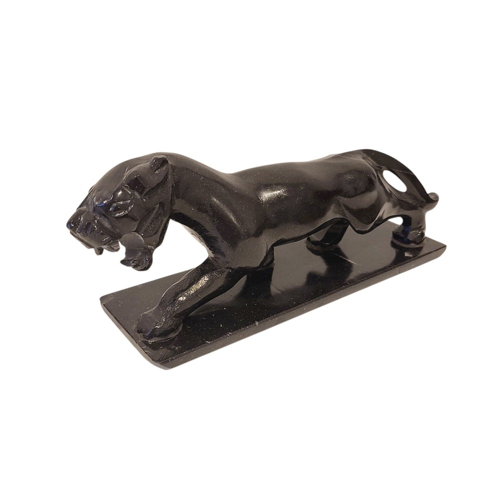 Vintage Black Onyx Panther Sculpture MCM Hand Carved Stone Jaguar 12"